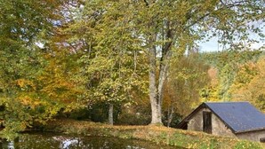 A rustic cabin by a pond with surrounding trees. - Relaxation and space in a family home with breathtaking views! (Ambrugeat)