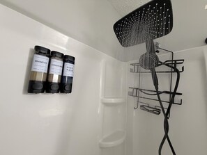 Hair dryer, towels, soap, toilet paper