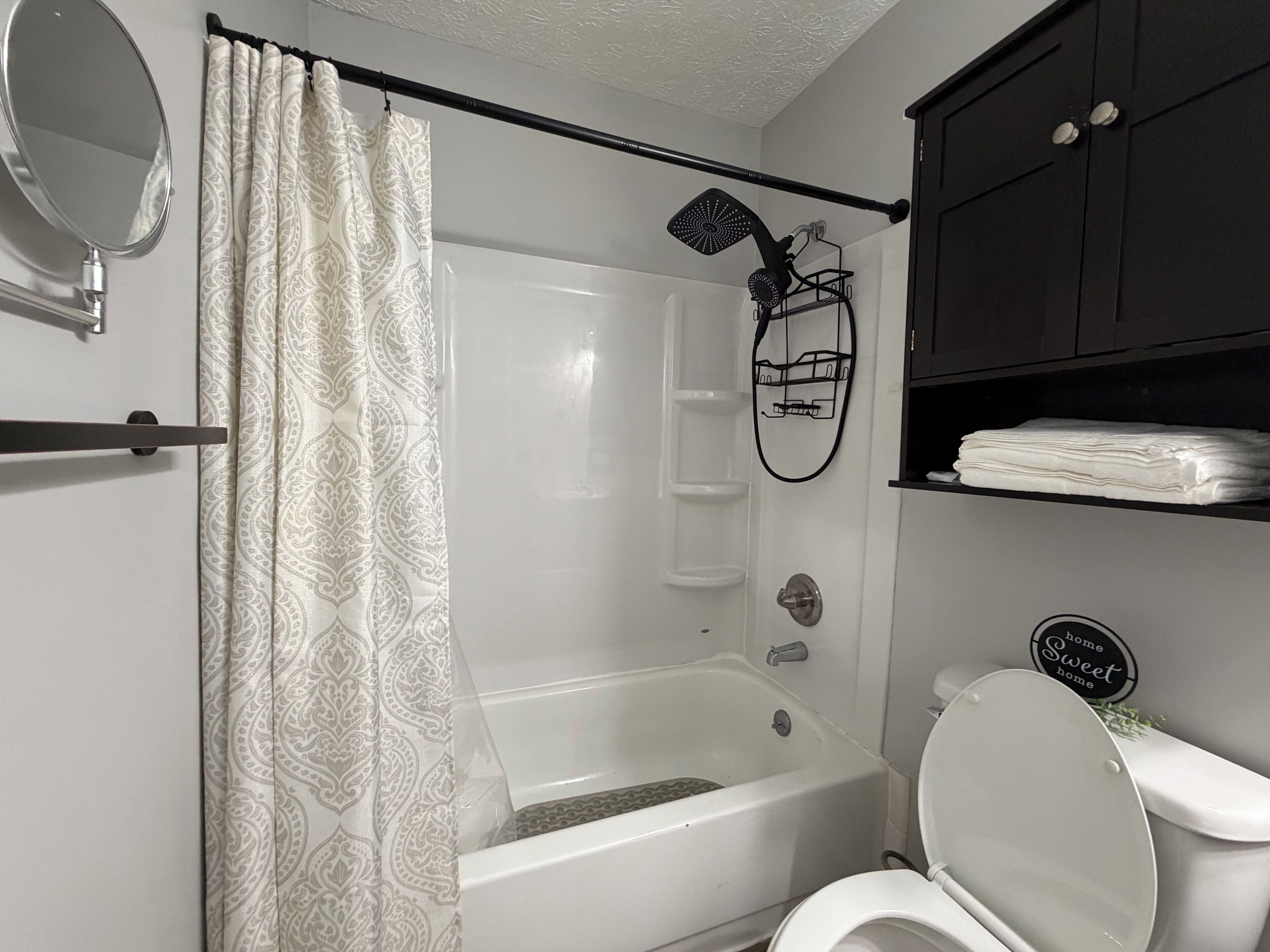 Hair dryer, towels, soap, toilet paper