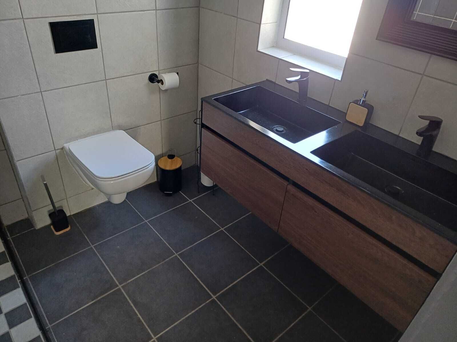 A bathroom with a toilet, sink, and a window.