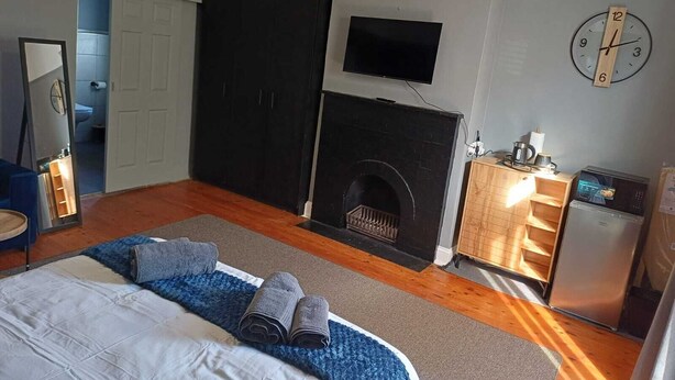 Un dormitorio con cama, televisión, chimenea, un reloj y una pequeña kitchenette.