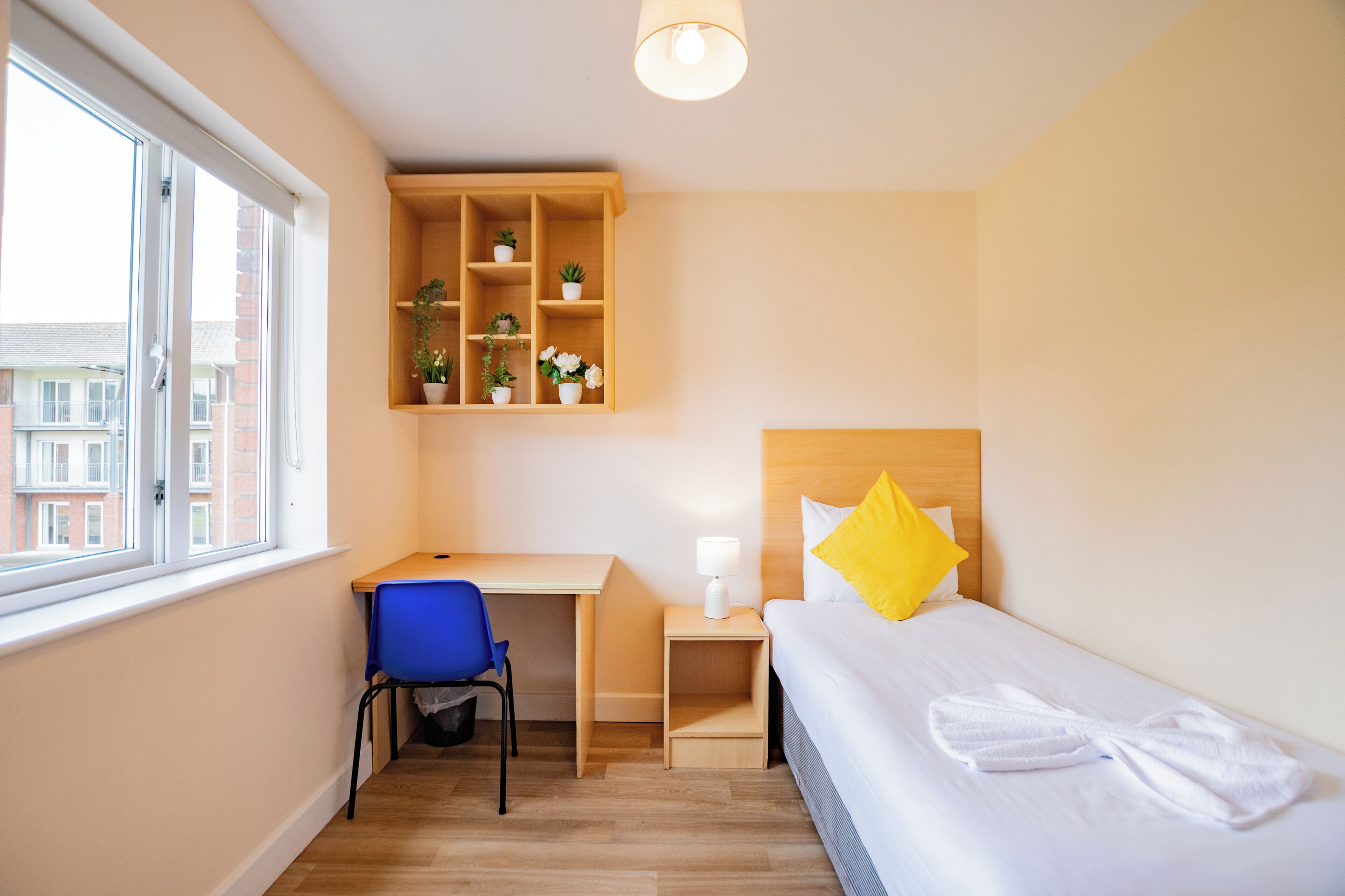 A hotel room with a bed, a desk, a chair, a nightstand, a lamp, and a window.