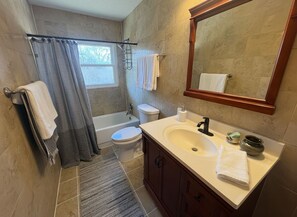 Hair dryer, towels, toilet paper