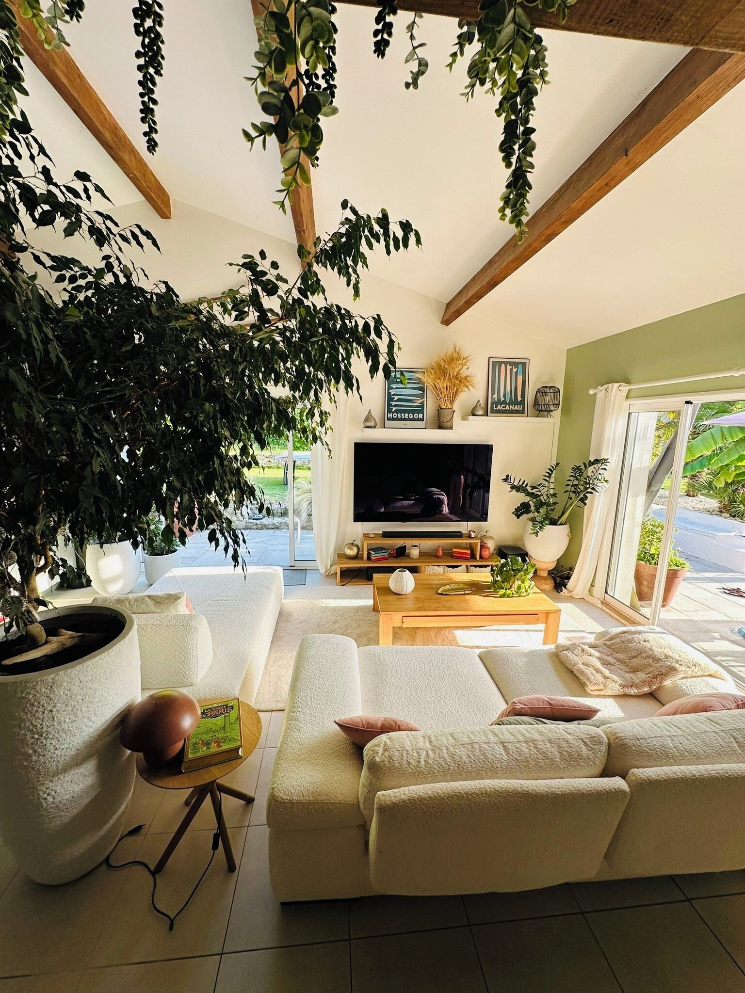 Ein geräumiges Wohnzimmer mit einer großen Couch, einem Fernseher und diversen Pflanzen.
