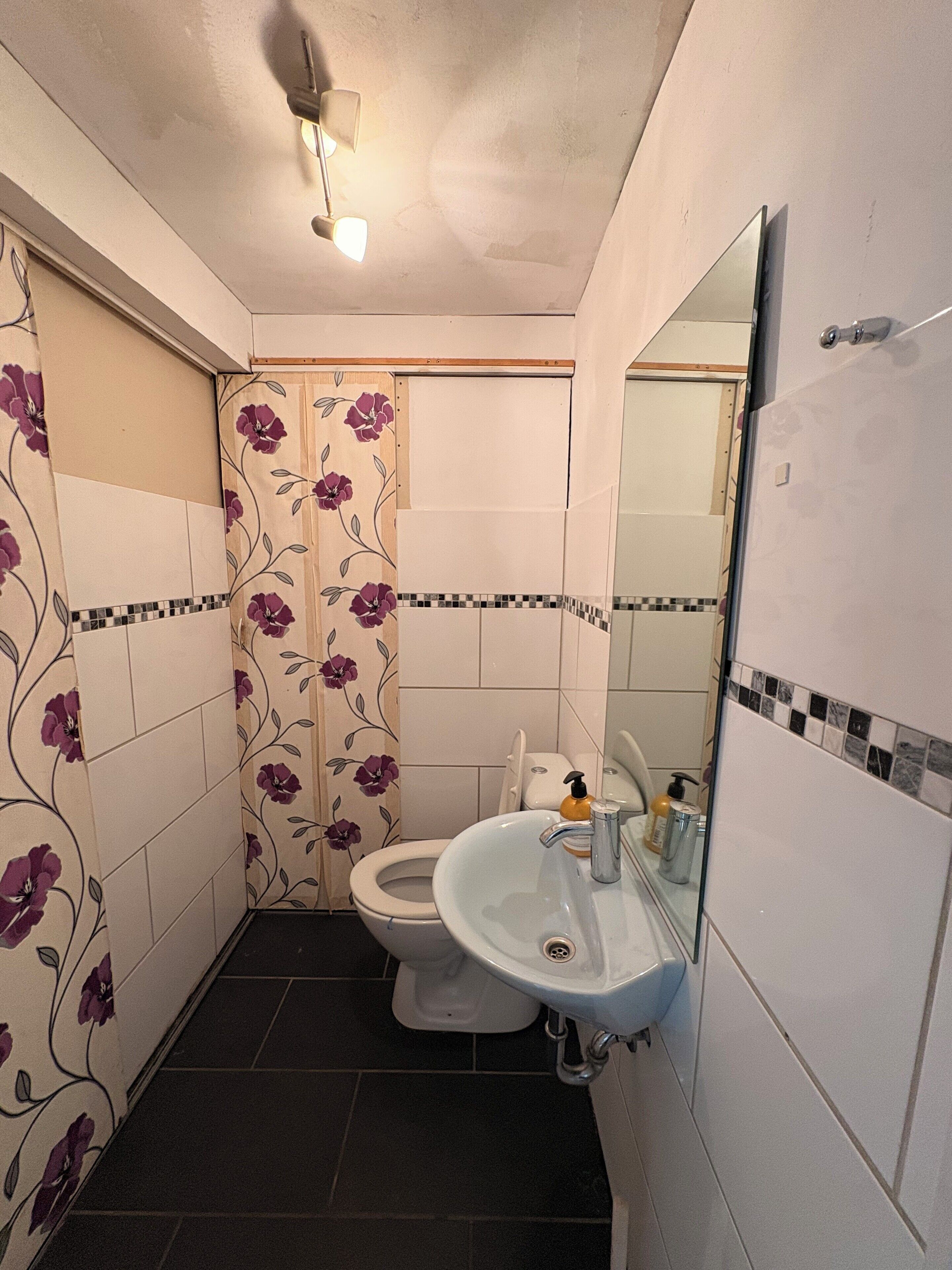 A bathroom with a toilet, sink, shower, and a mirror.