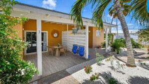 A covered outdoor area with a palm tree, a table with chairs, and a building entrance marked with the number 3. - Walts Aruba (Noord)