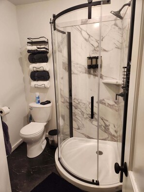 Shower, hair dryer, towels, soap