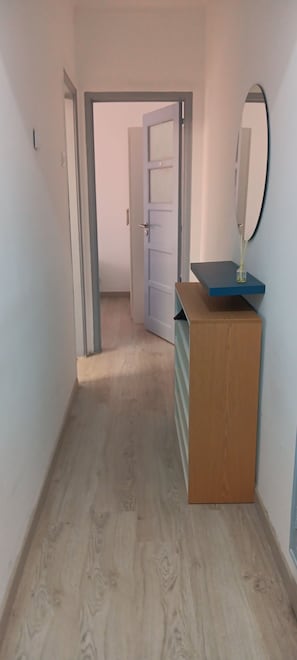 Kapea käytävä, jossa on puulattia, peilillä varustettu lipasto ja ovi, joka johtaa toiseen huoneeseen.