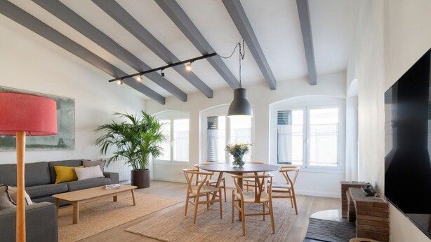 A modern living room with a sofa, coffee table, dining table, and chairs. There is a large plant, a TV, and a fireplace. - Rosari II - Detached House with Parking (Vilassar de Mar)
