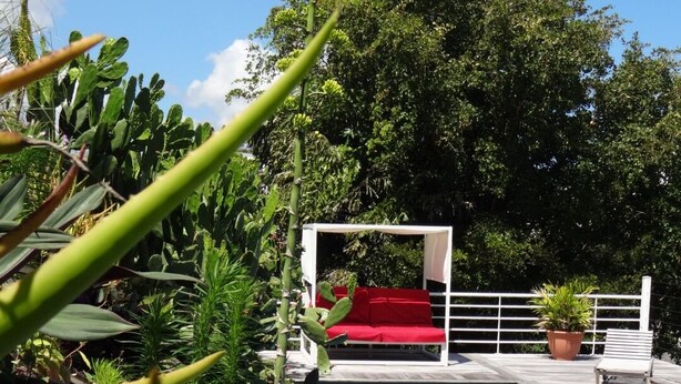 Una piscina con una sedia a sdraio rossa e un tettoia bianca, immersa nel verde.
