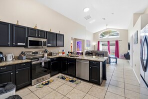House, 5 Bedrooms, Private Pool, Lakeside | Private kitchen | Full-sized fridge, microwave, oven, stovetop - 5BR Villa Private Pool & Game Room (Kissimmee)