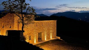 Un edificio de piedra con una entrada bien iluminada y un árbol en primer plano.