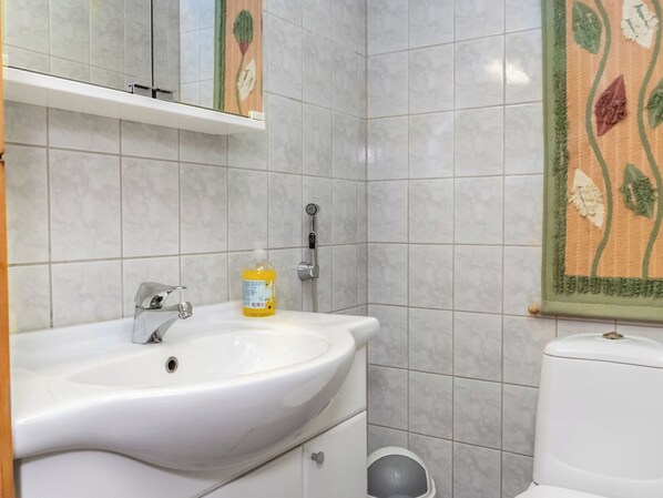A bathroom with a white sink, a toilet, and a shower.