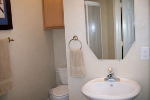 Hair dryer, towels, soap, toilet paper