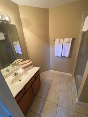 Hair dryer, towels, soap, toilet paper