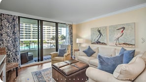 Living area - 2 Bedroom beach/pool view,37ft balcony, boat slip,6 month rental only, May-Oct. (Marco Island)