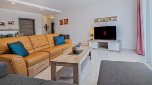 Una sala de estar moderna con un sofá de cuero, una mesa de centro, un sofá gris, un televisor de pantalla plana y un estante pequeño con plantas.