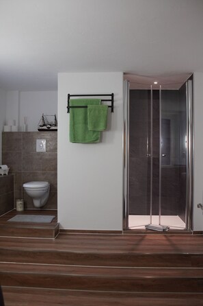Douche, sèche-cheveux, serviettes fournies, papier toilette
