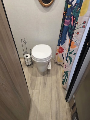 A bathroom with a toilet, a metal toilet paper holder, and a shower curtain with a floral pattern.
