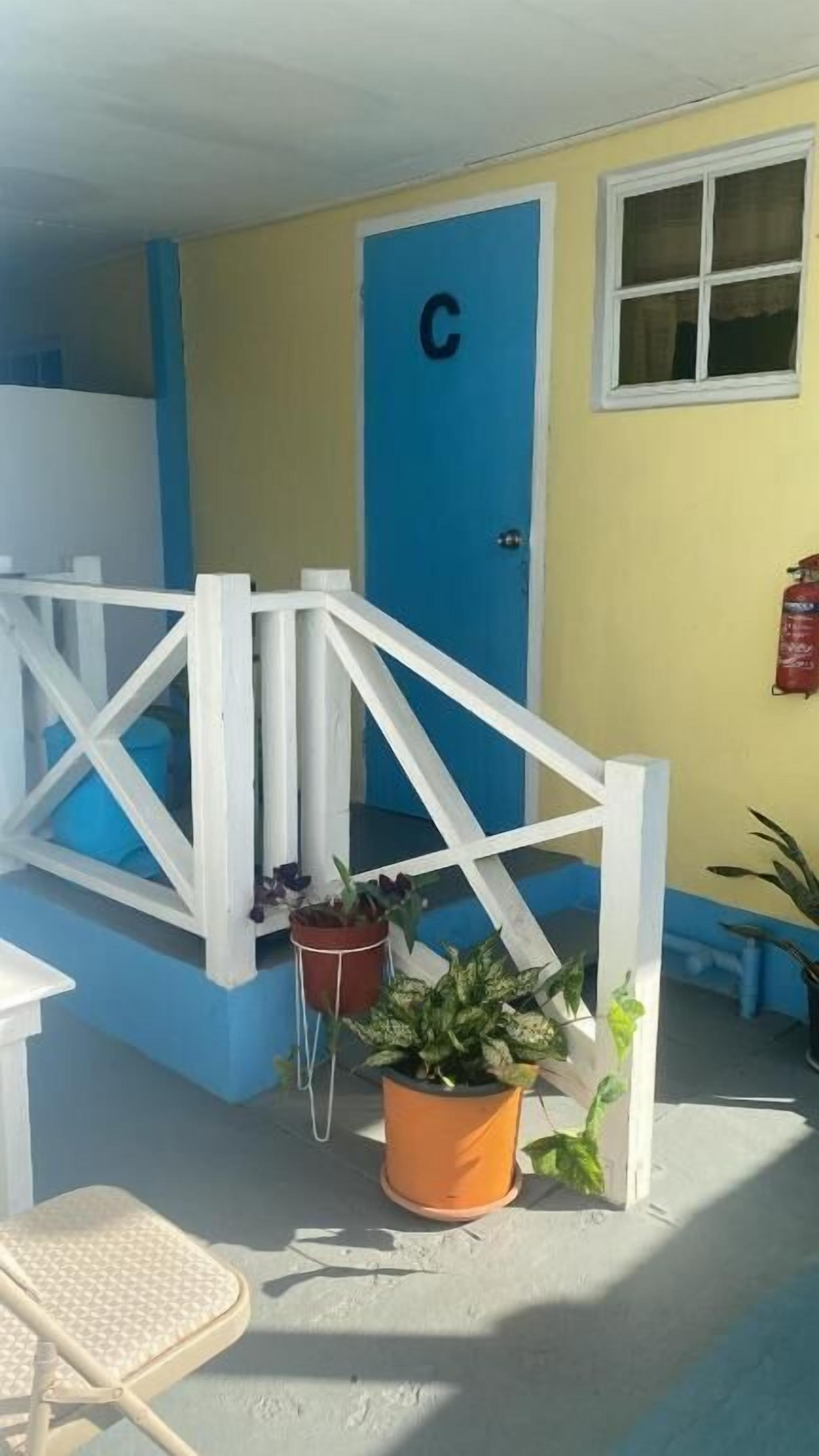 Un porche con baranda blanca, una puerta azul con la letra 'C' y plantas en macetas.