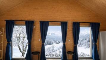 A room with wooden walls, large windows with curtains, two chairs, and a view of snow-covered mountains.