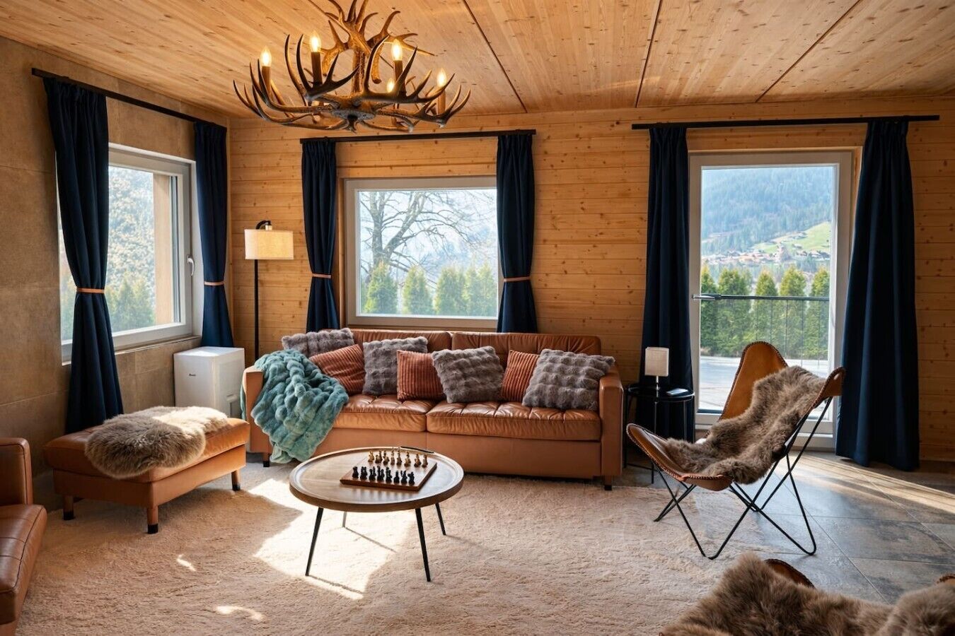 A cozy living room with a sofa, a chair, a chess table, and a chandelier.