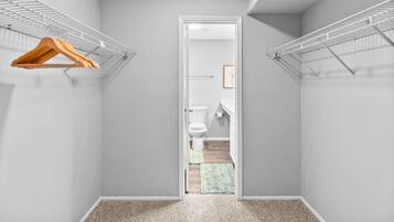 Hair dryer, towels, soap, toilet paper
