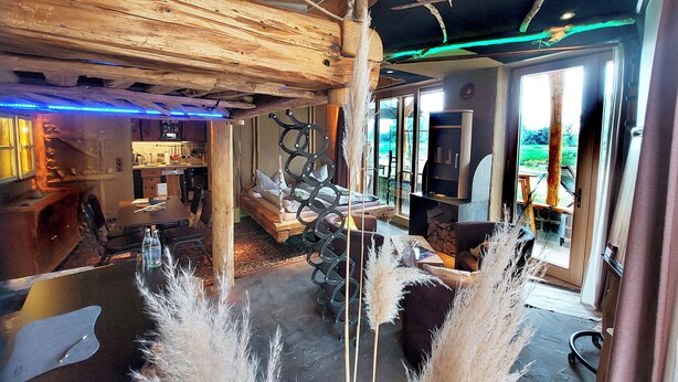 A rustic interior with a wooden ceiling, a bed, a TV, and a view of the outdoors.