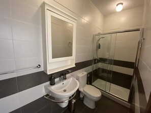 Une salle de bain équipée d’un lavabo, de toilettes et d’une douche à parois de verre.