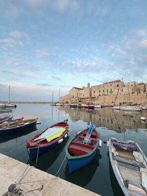 A harbor with boats docked, a stone building with green shutters, and a clear sky. - Pristine Sea (Giovinazzo)