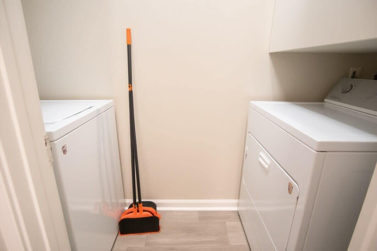A laundry room with two white washing machines and a mop leaning against the wall.
