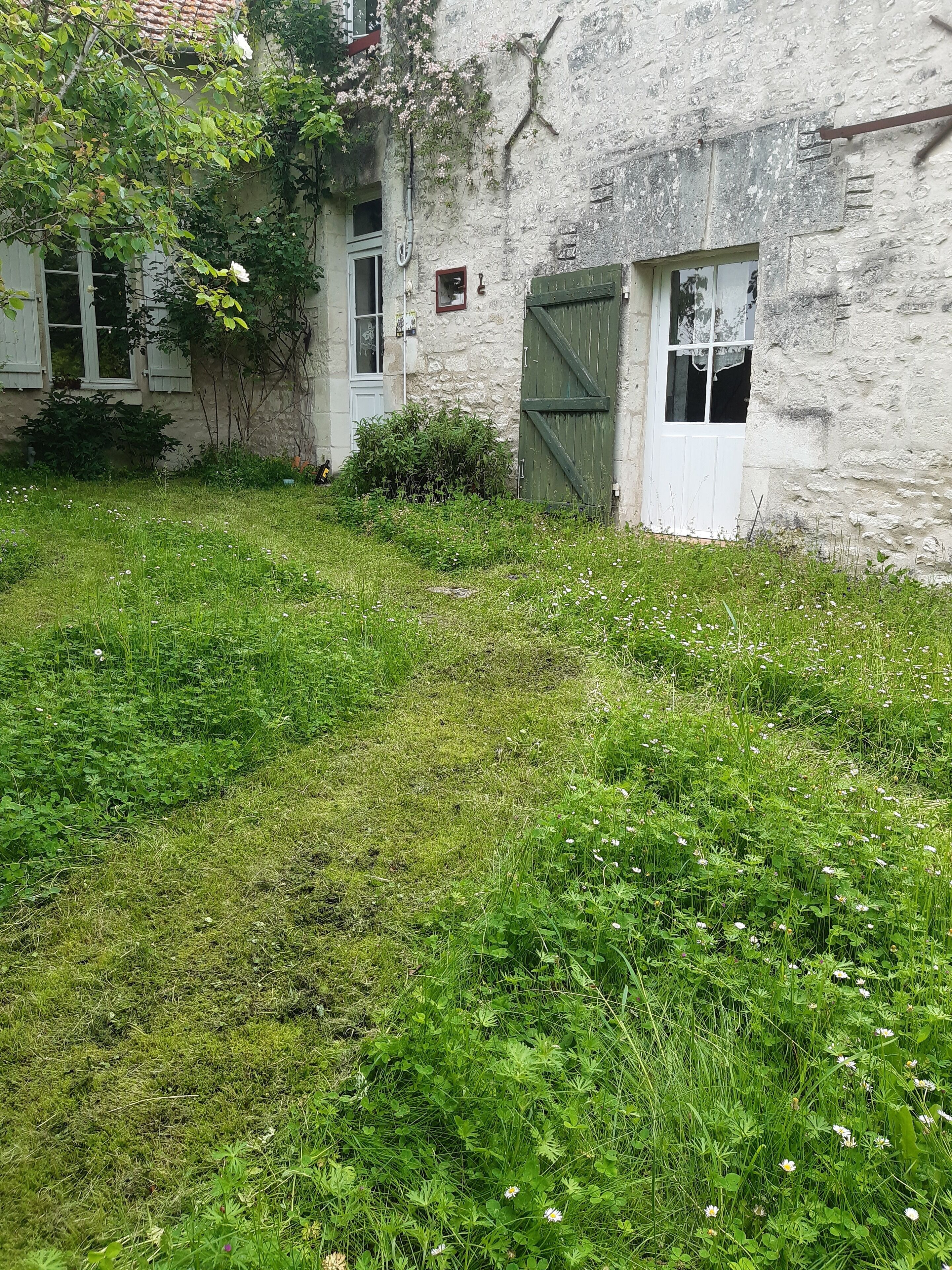 A rustic stone building with a grassy yard, a wooden gate, and a window with a white blind.