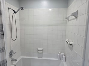 Jetted bath, hair dryer, towels, soap