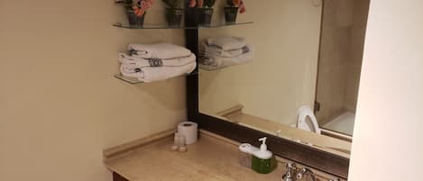 Hair dryer, towels, toilet paper