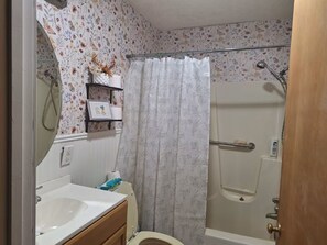 Hair dryer, towels, soap, toilet paper