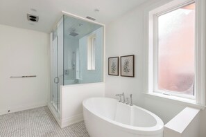 Shower, hair dryer, towels, soap