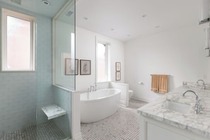 Shower, hair dryer, towels, soap