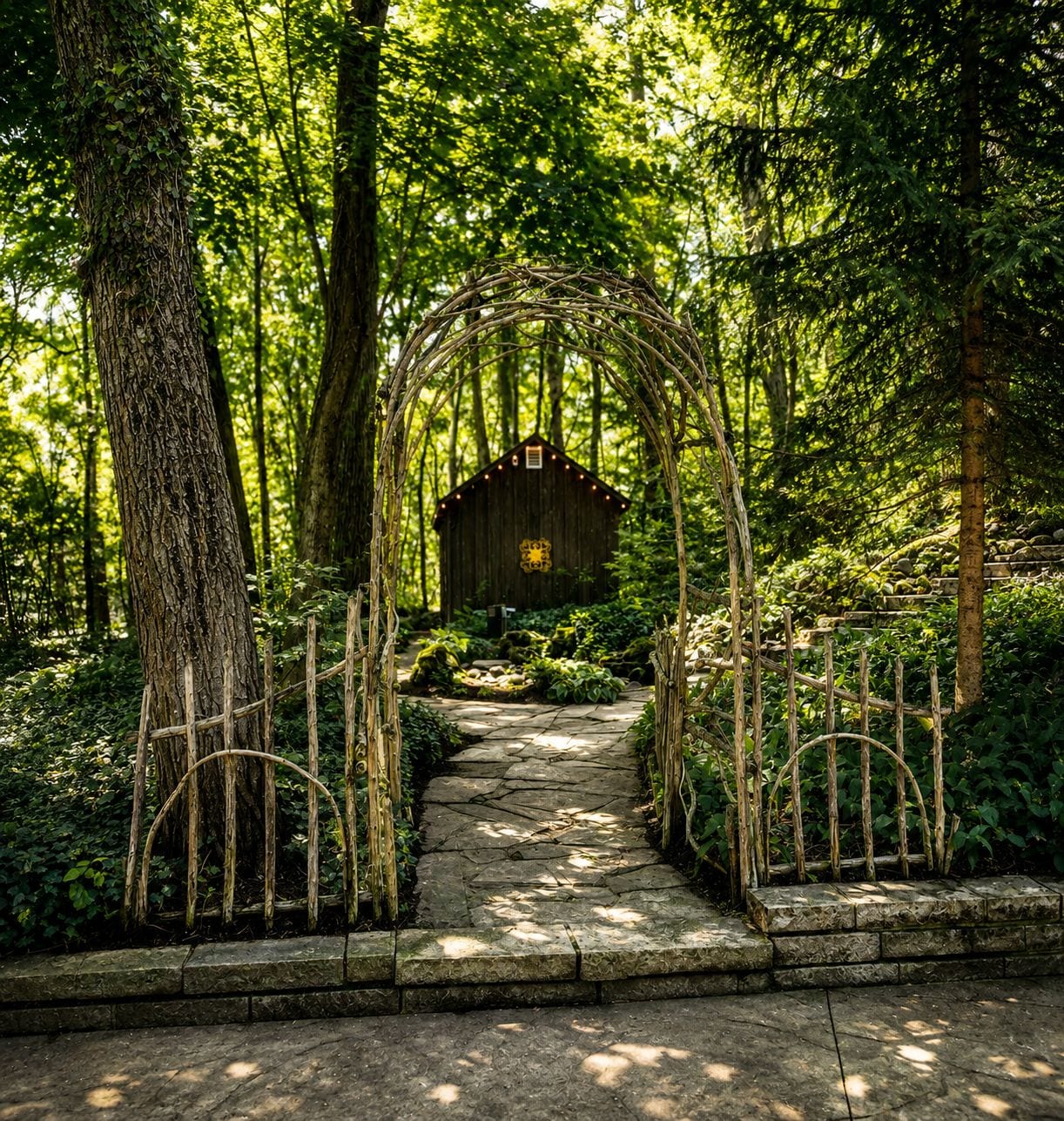 Un chemin de pierres menant à une structure en bois, elle-même entourée d’arbres.