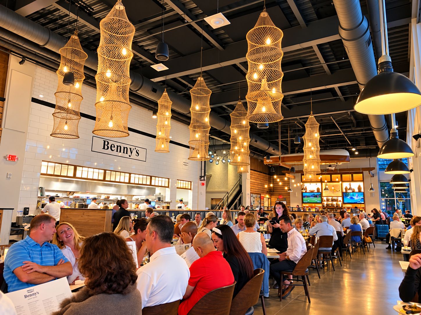 A spacious indoor dining area with multiple hanging light fixtures and a visible restaurant named 'Benny's' in the background.