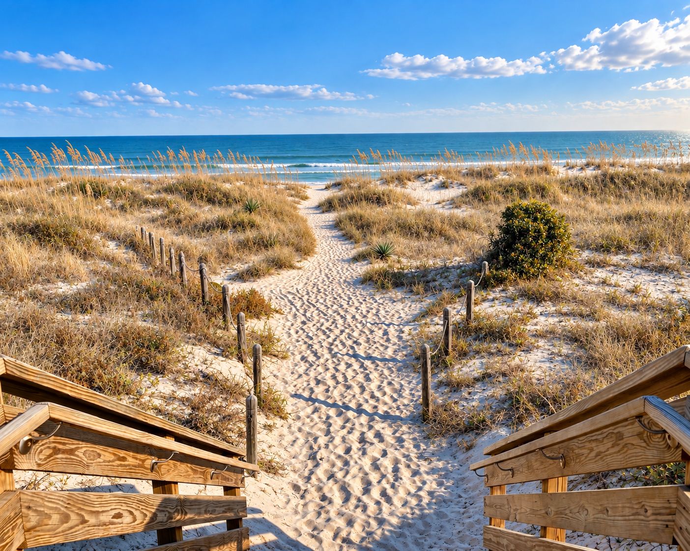 A sandy beach path leading to wooden structures, with the ocean in the background.