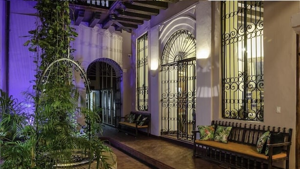 A hallway with a bench, a potted plant, and a door with a wrought iron gate. - Casa Estrella (Cartagena)