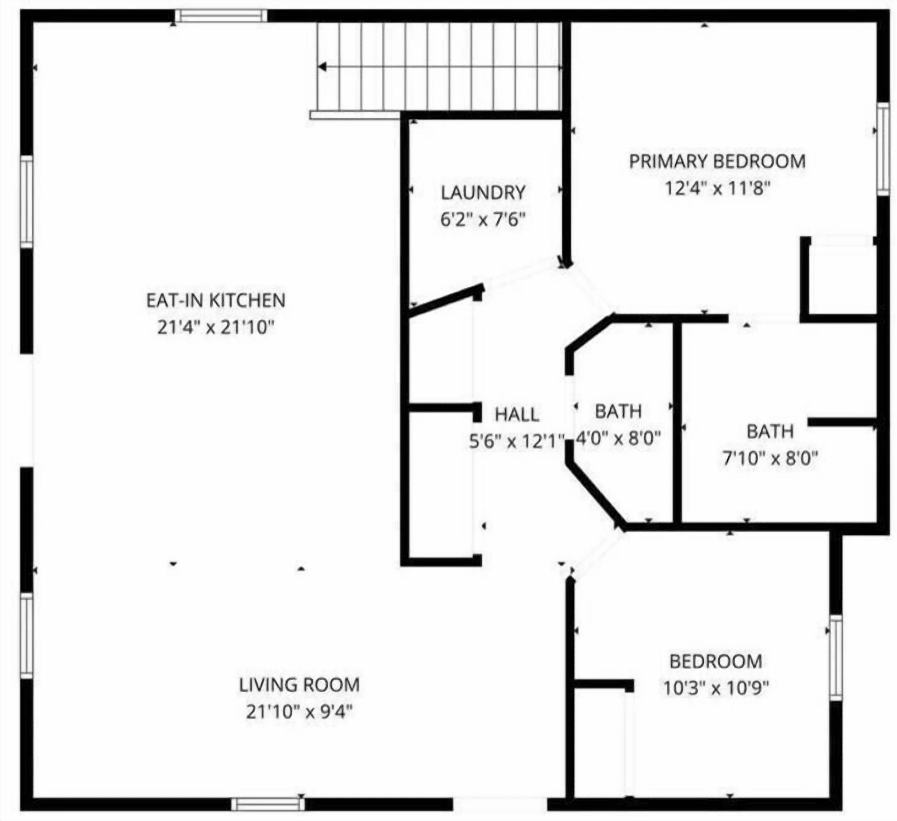 Plano de planta que muestra una sala de estar, comedor, cocina, dos dormitorios, un baño y un vestíbulo.
