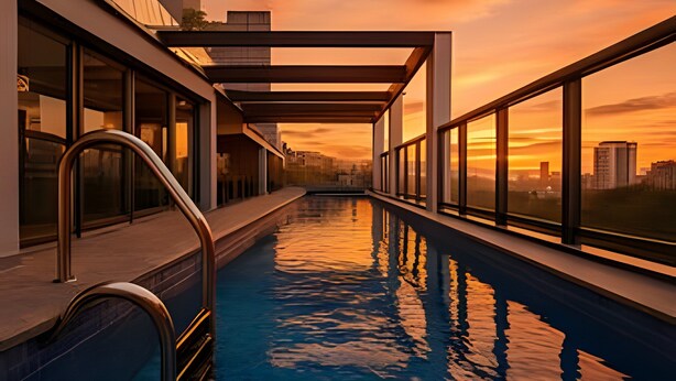 Ein Schwimmbad mit Blick auf die Skyline im Abendlicht.