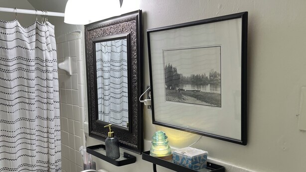 A bathroom with a white sink, black vanity, a framed picture, and a shower curtain. - ROBYN’S NEST🪺 🪺 
2 bedroom in the heart of beautiful historic Central Gardens. (Memphis)