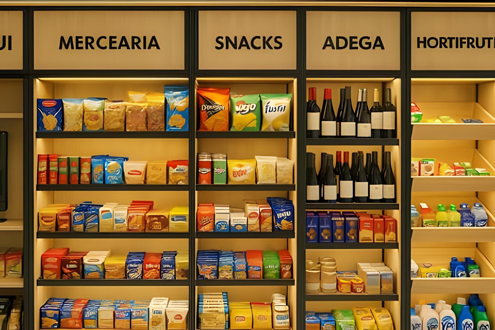 Uma loja com prateleiras identificadas como MERCERAIA, SNACKS, ADEGA e HORTIFRUTI.