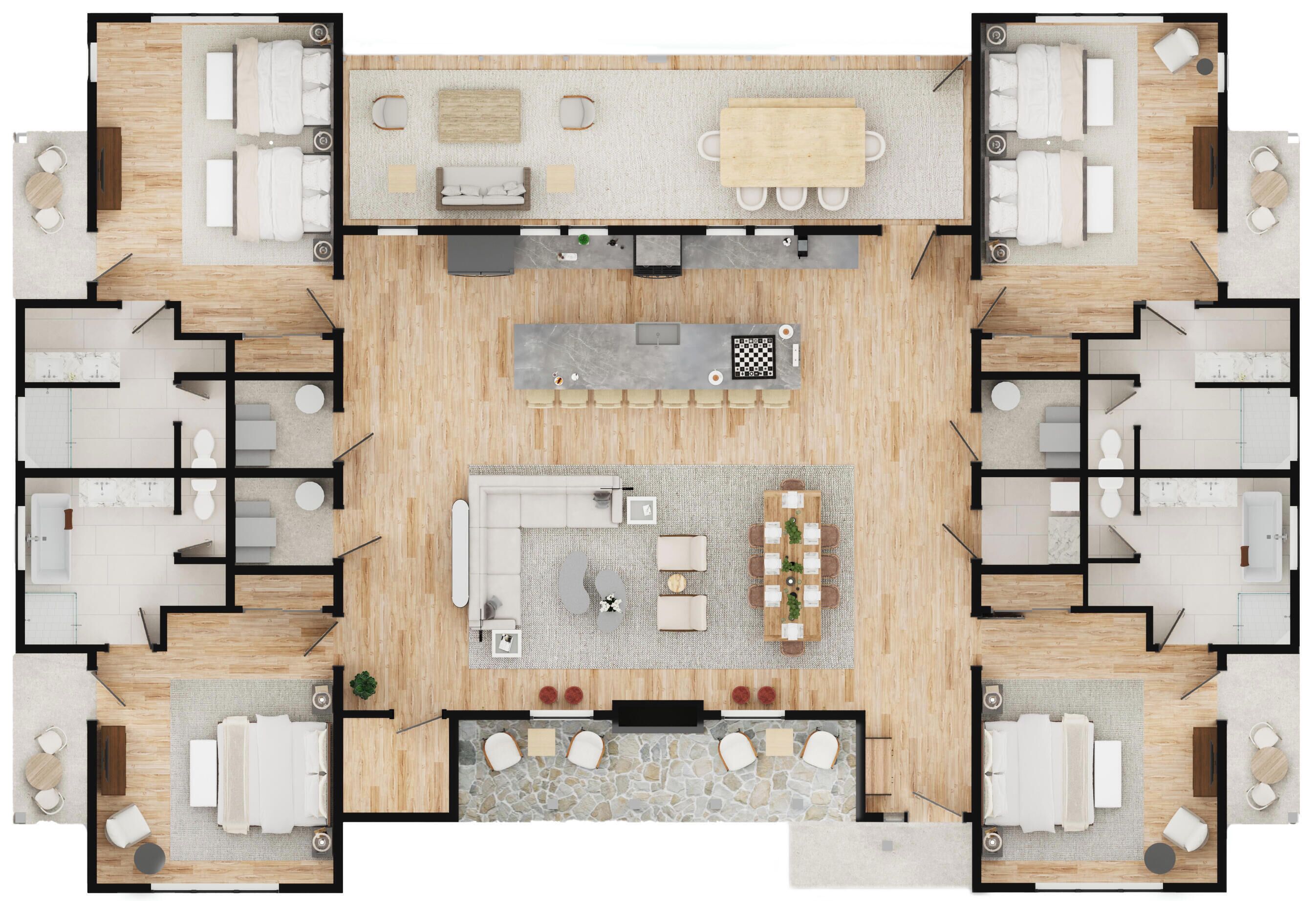 A hotel layout with multiple bedrooms, a central living area, a kitchen, and a dining area.