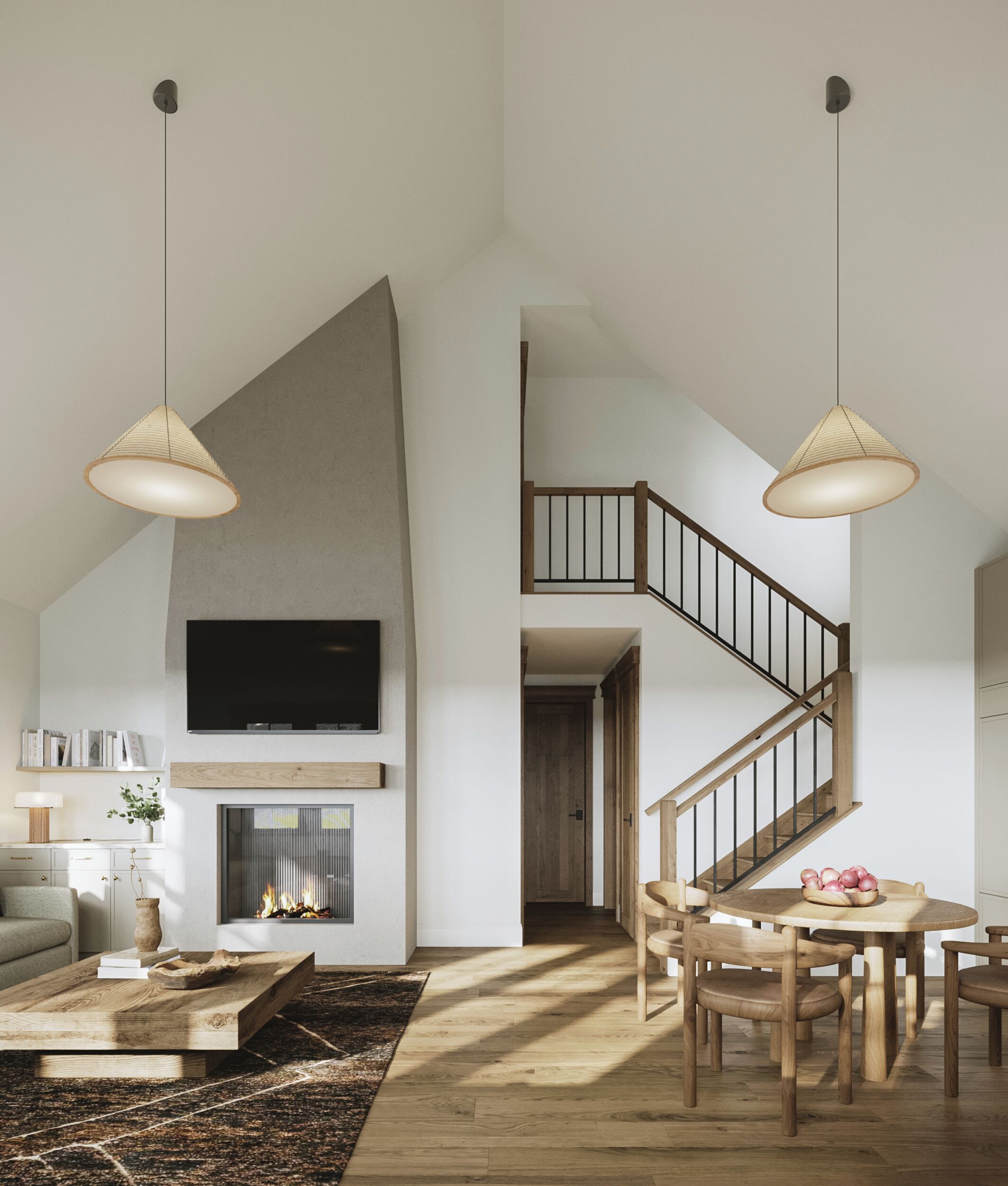 A modern living room with a fireplace, a TV mounted on the wall, a staircase, and a dining area with wooden furniture.