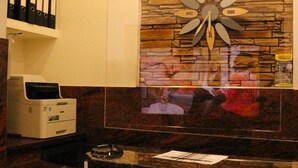 A reception desk with a stone wall backdrop, a printer, and a small shelf with binders. - Hotel Cityring (Frankfurt)