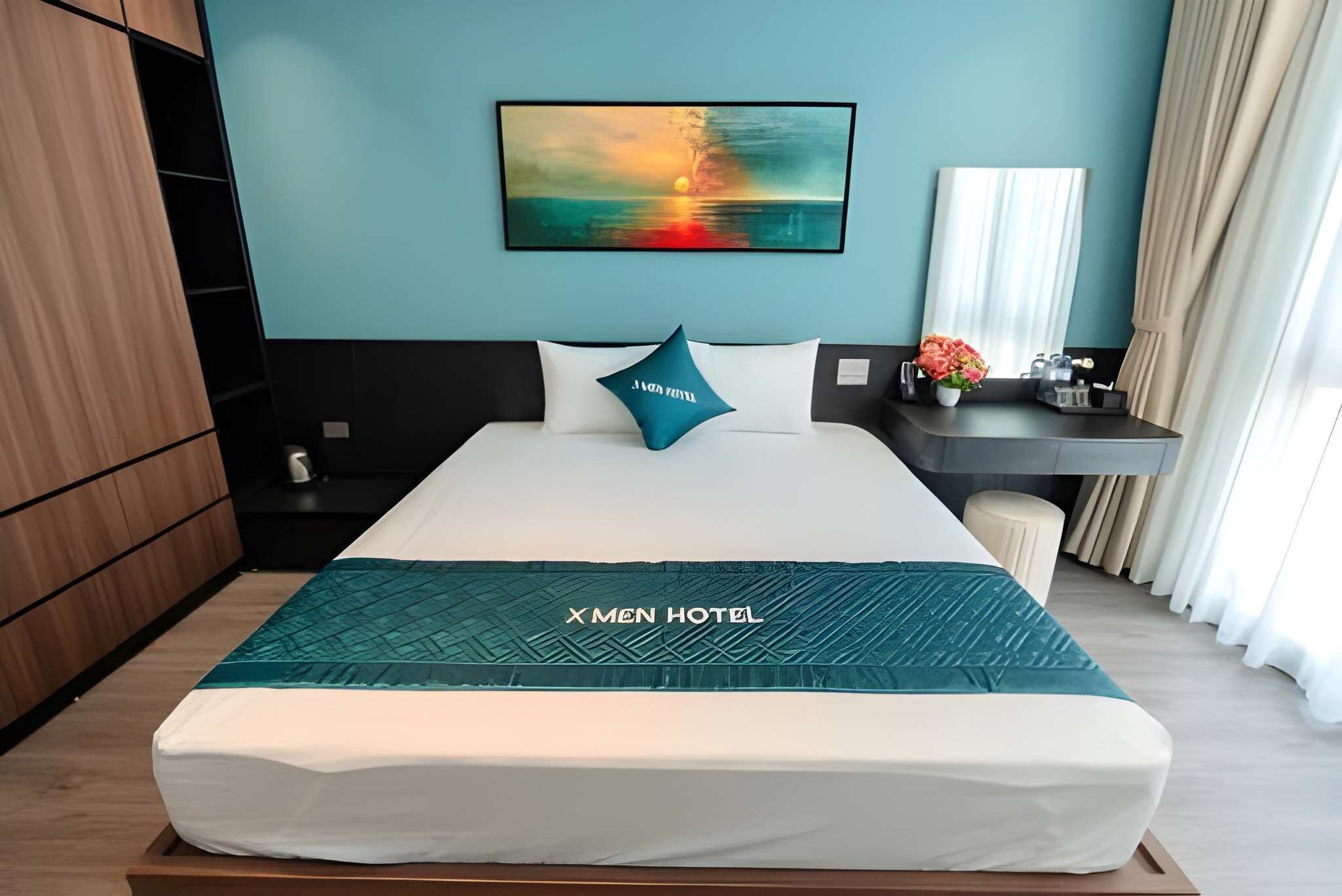A hotel room with a bed, a nightstand, a desk, a chair, a mirror, and a painting on the wall.