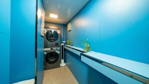 Une buanderie équipée d’un lave-linge, d’un sèche-linge et d’une petite plante posée sur un plan de travail.